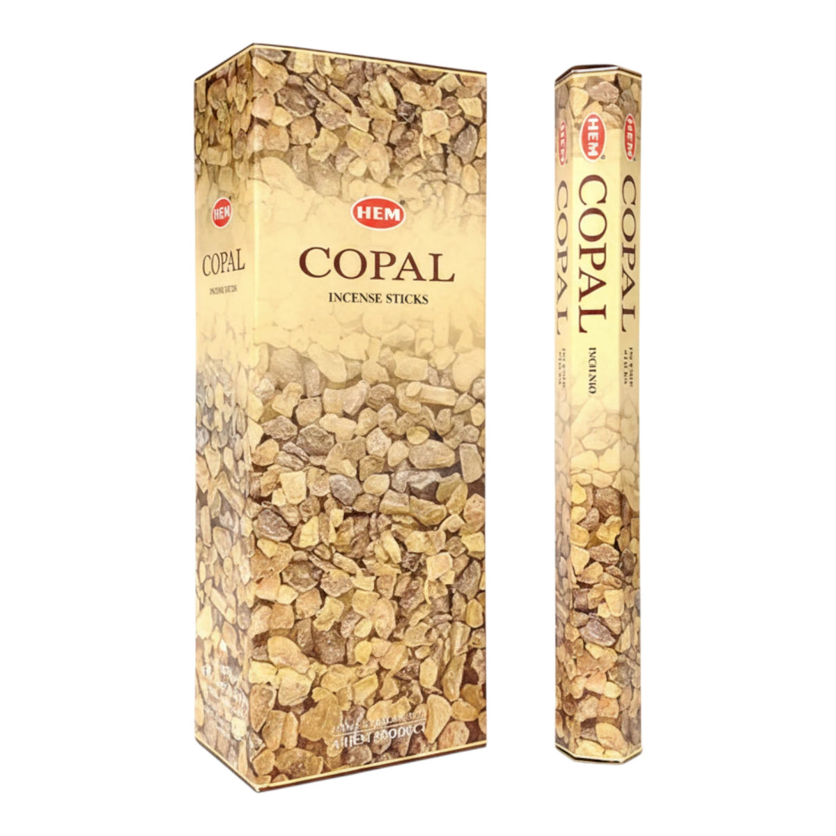 Caja de incienso HEM aroma Copal con 6 paquetes de 20 varitas, sobre fondo blanco
