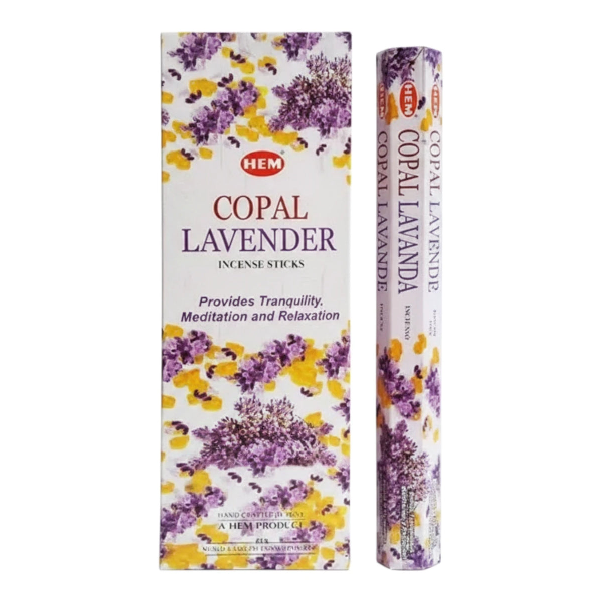 Caja de incienso HEM aroma Copal Lavanda con 6 paquetes de 20 varitas, sobre fondo blanco