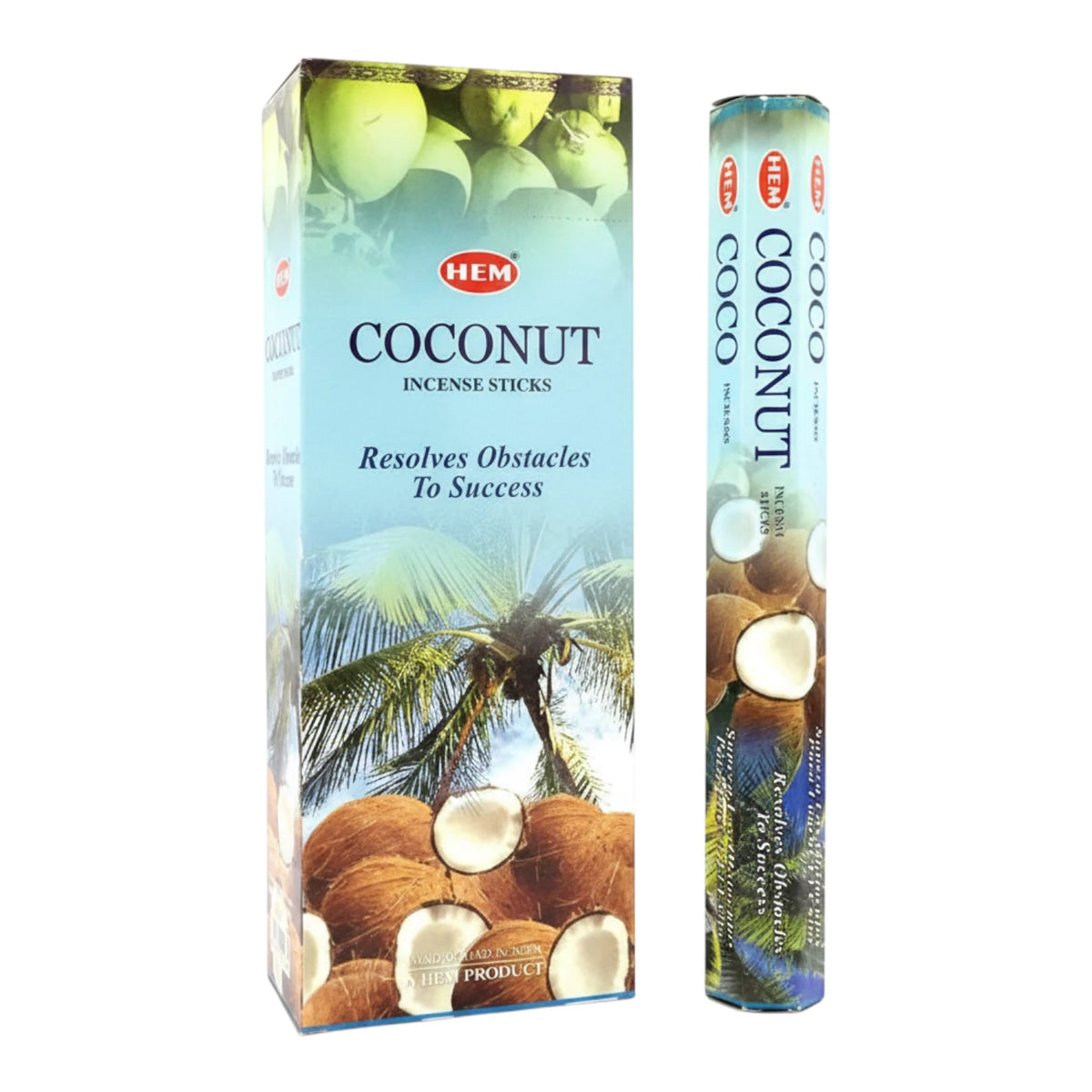 Caja de incienso HEM aroma Coco (Coconut) con 6 paquetes de 20 varitas, sobre fondo blanco