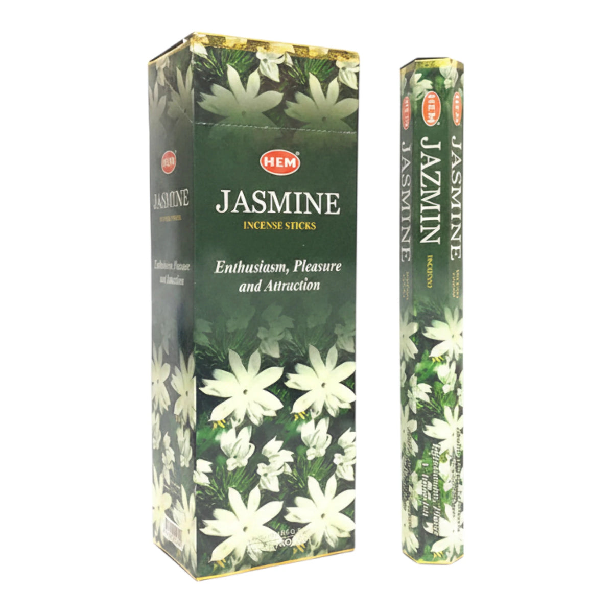 Caja de incienso HEM aroma Jazmín (Jasmine) con 6 paquetes de 20 varitas, sobre fondo blanco
