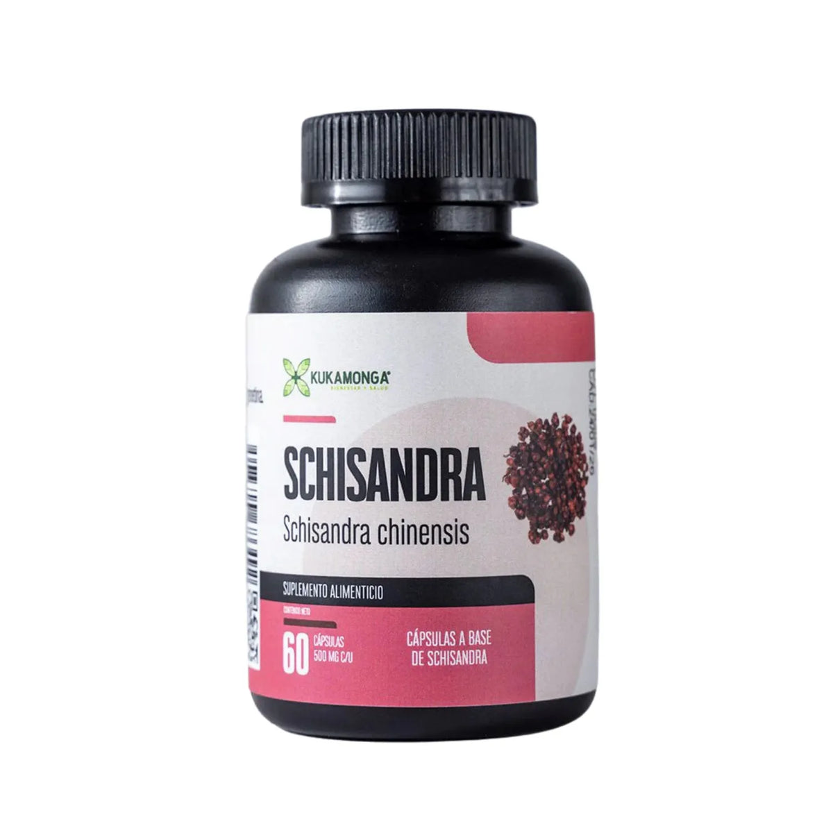 Suplemento alimenticio a base de Schisandra (Schisandra chinensis) de la marca Kukamonga. Presentación en frasco con 60 cápsulas de 500 mg cada una. Ideal para complementar la nutrición diaria, brindando los beneficios tradicionales de esta planta reconocida por sus propiedades adaptógenas y de bienestar integral.